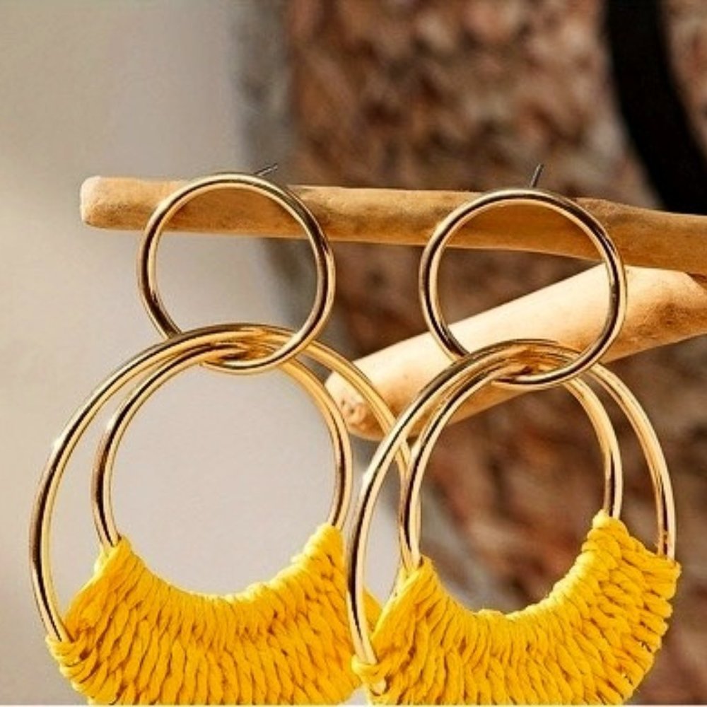 Yellow Raffia Grass bohemian-inspired Double Hollow Circle Design earrings